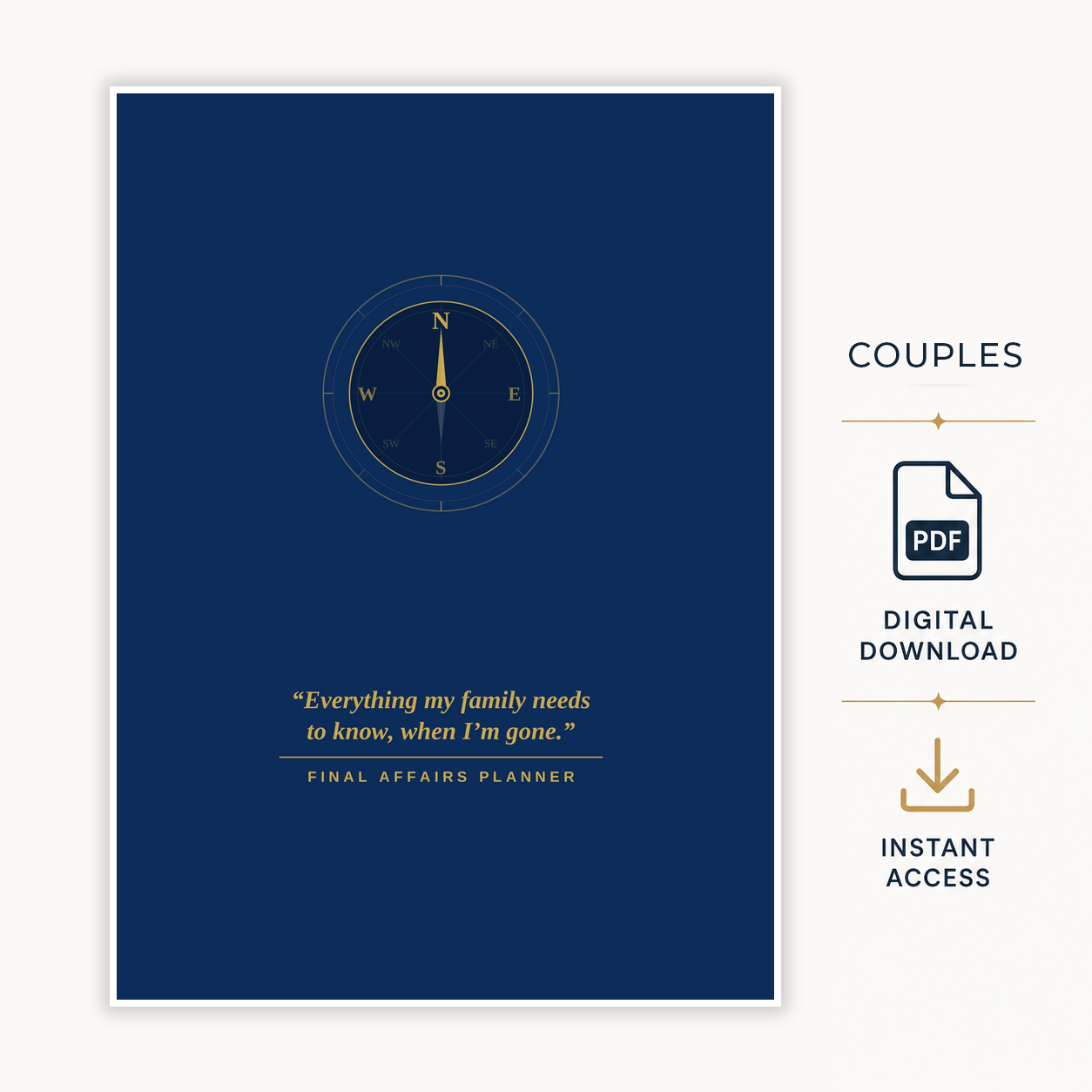 A digital preview of a couples' final affairs planner cover in deep navy blue with gold compass and quote details, shown alongside promotional text and icons for digital download and instant access.