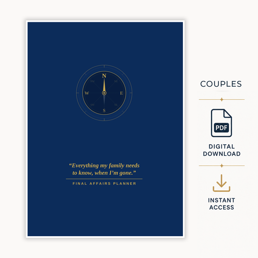 A digital preview of a couples' final affairs planner cover in deep navy blue with gold compass and quote details, shown alongside promotional text and icons for digital download and instant access.
